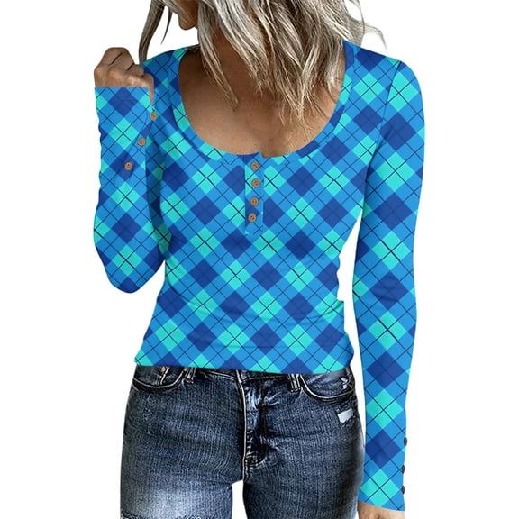 Stichou Henley Shirts for Women Plaid Slim Fit Long Sleeve Soft Tops Casual Button T-Shirts Winter Fashion Outfits Blue L