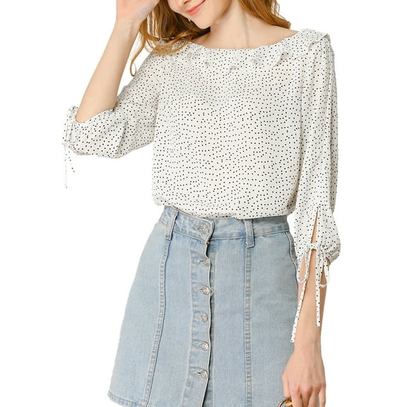 DARING DIVA Polka Dots Ruffled Neck 3/4 Sleeve Blouse Top XS White