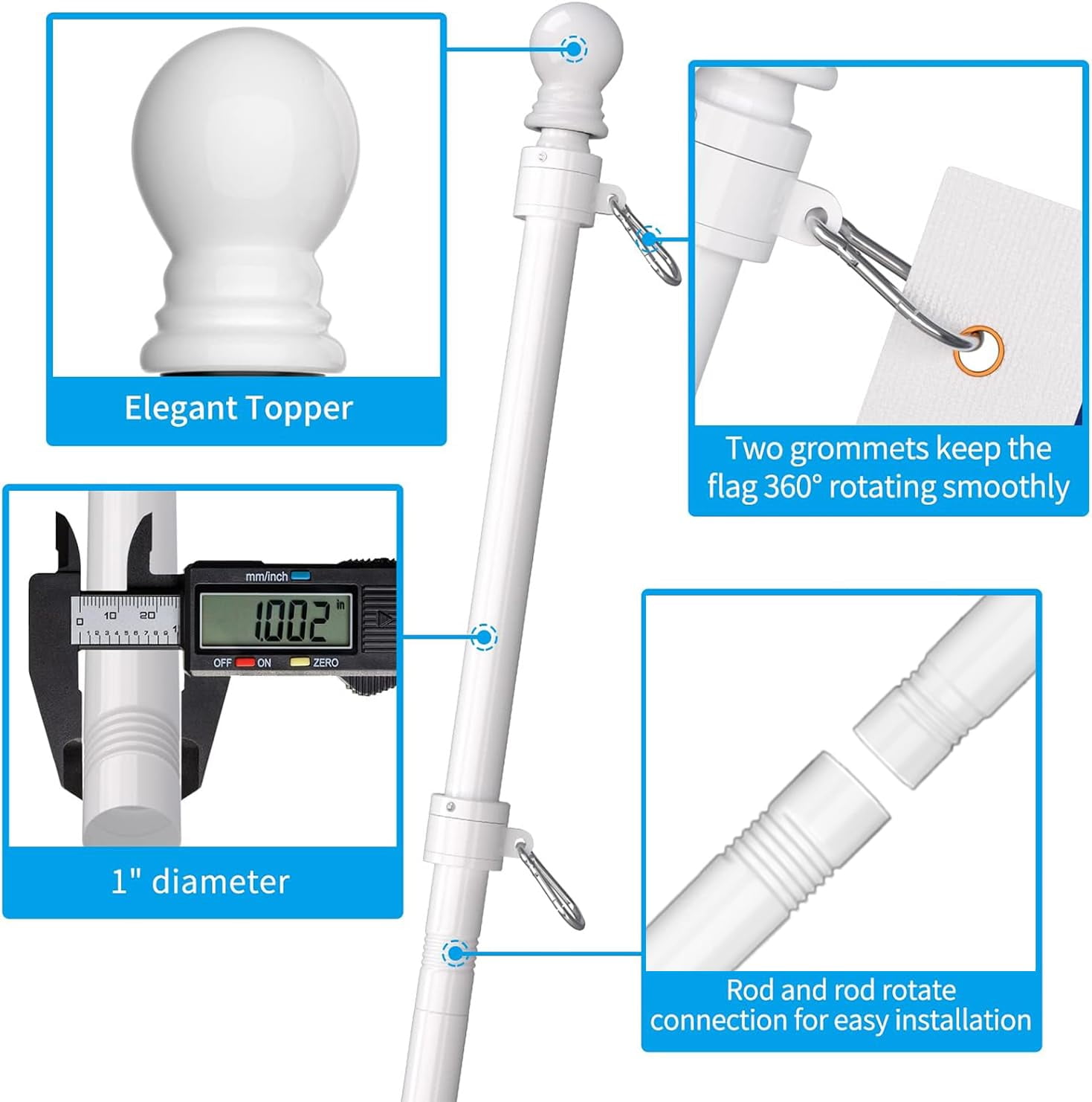 FIASON 1 Pack 5 FT White Stainless Steel Tangle Free Wall-Mounted Flag Pole with Upgraded Bracket, Flag Pole Kit for Outside House, Residential or Commercial for American Flag (Without Flag)