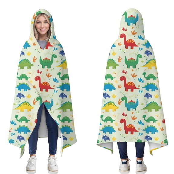 Wearable Blanket,LightGreen Cartoon Dinosaurs Colorful Elements Pattern Hooded Wearable Flannel Blanket for Adults & Teens,Winter Poncho Shawl Wrap Cape Cozy Anti-Pill,50"x60"