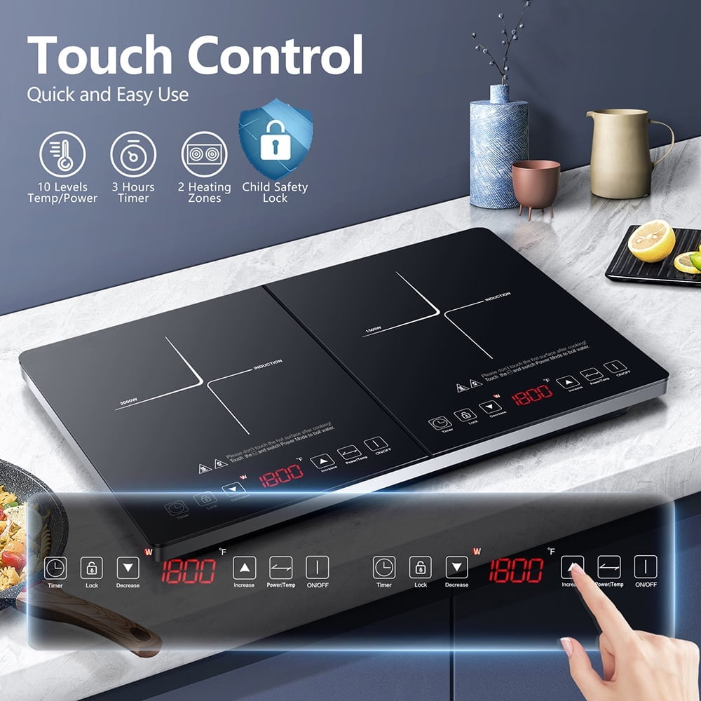 Aaobosi 1800W Double Induction Cooktop Low Noise with Independent Control 2 Burners, 10 Temperature, 9 Power Levels, 3-hour Timer & Child Safety Lock