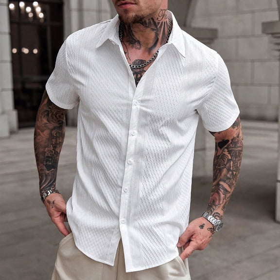 Yaoyar Men's Casual Button Down Shirts Short Sleeve Textured Summer Beach Shirt with Pocket