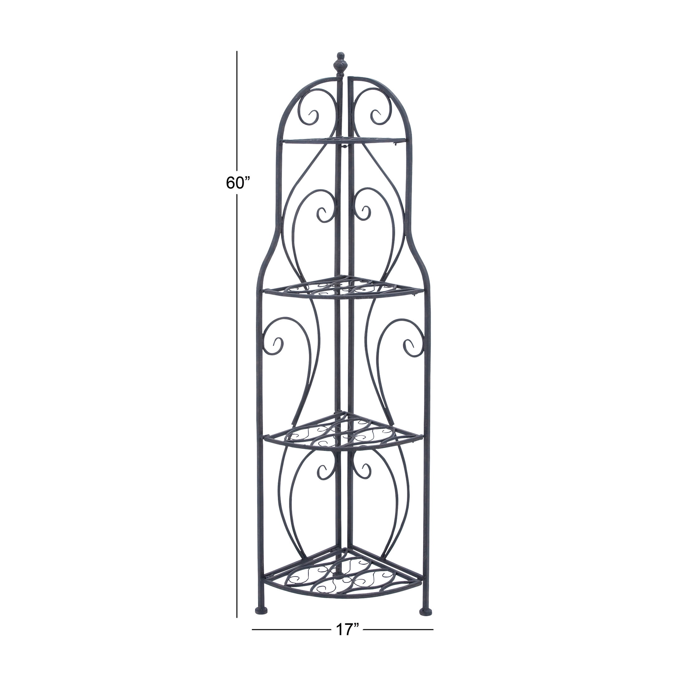 DecMode 17" x 60" Black Metal Scroll Indoor Outdoor Arched Tall Folding Corner 4 Shelf Bakers Rack, 1-Piece