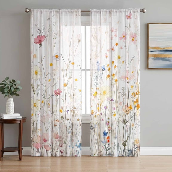 Vintage Flowers Semi Sheer Window Curtains 63 Inches Long, Pink Blue Colorful Botanical Rod Pocket Voile Silky Chiffon Curtain Light Filtering Drapes for Living Room, Kitchen, 52"x63", 2 Panels
