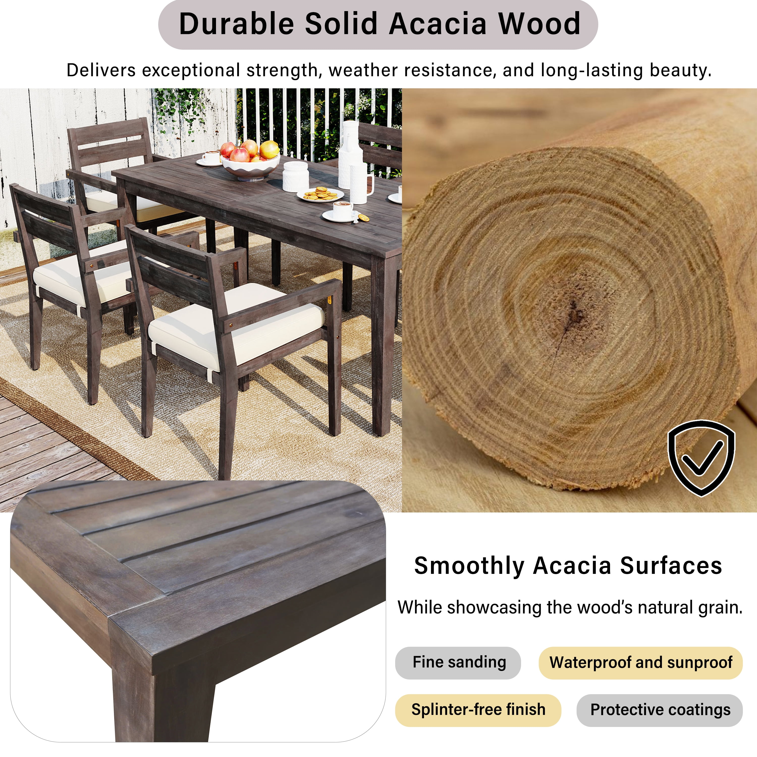 HighSound 7 Piece Patio Dining Set, Outdoor Acacia Wood Furniture Set, Patio Table and 6 Arm Chairs w/Removeable Fabric Cushion, Gray