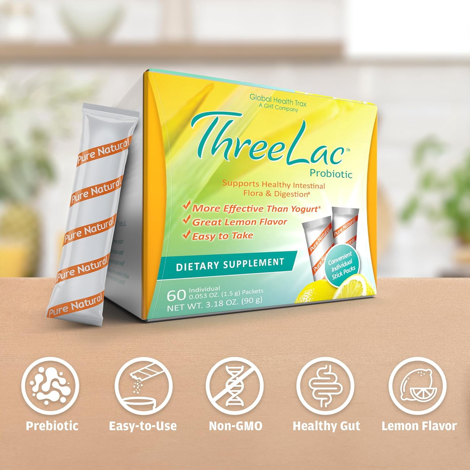 Global Health Trax ThreeLac Probiotic Drink Mix, Daily Digestive Support, Lemon, 90g, 60 Packets