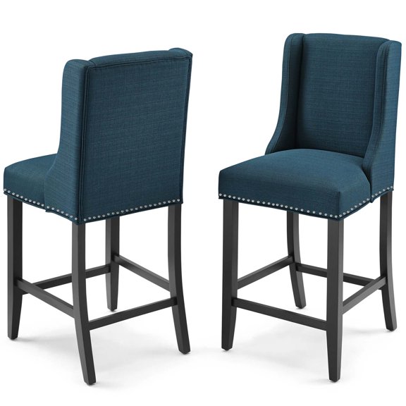Counter Stool Chair, Set of 2, Fabric, Wood, Navy Blue, Modern Contemporary Urban Design, Bar Pub Cafe Bistro Hotel Restaurant Hospitality