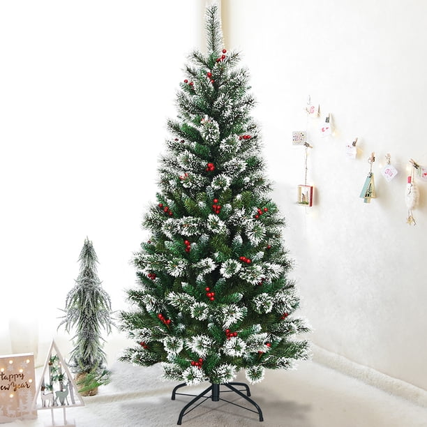 COSTWAY Árbol de Navidad Artificial con Soporte de Metal,Agujas de PVC,con Decorativa de Frutos Rojos y Nieve para Hogar Oficina Fiesta (Altura 180cm)