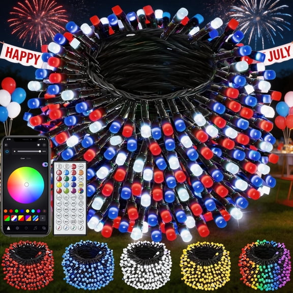 Beatineon 65.6ft 4th of July Decor Patriotic Lights, RGB Smart String Lights,200 LEDs APP & Remote Control with Music Sync, IP44 Waterproof Dark Green Wire for Indoor Outdoor Party Decor