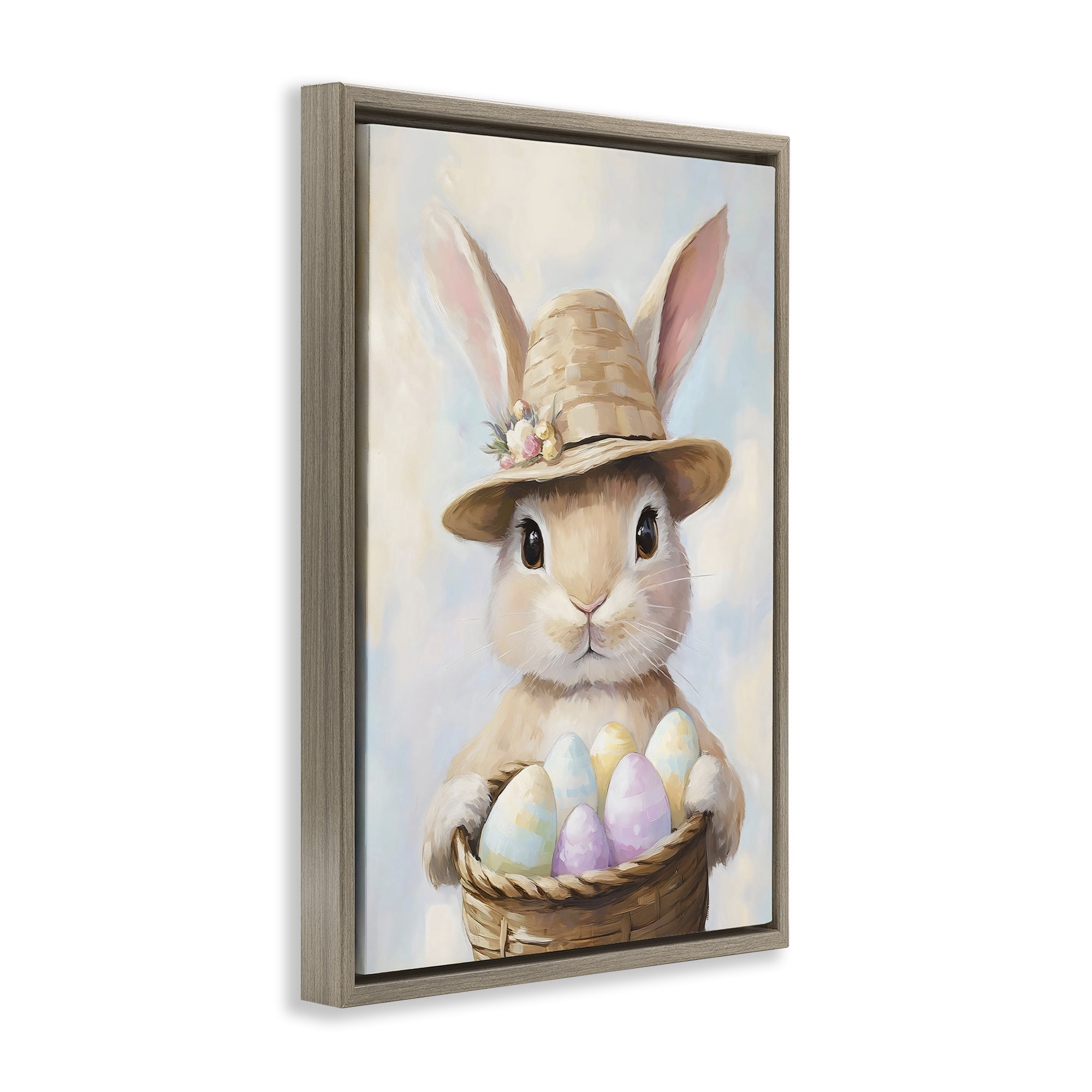 Stupell Industries Bunny with Easter Egg Basket Brown Framed Floater Canvas Wall Art, design by The Prints Vibe