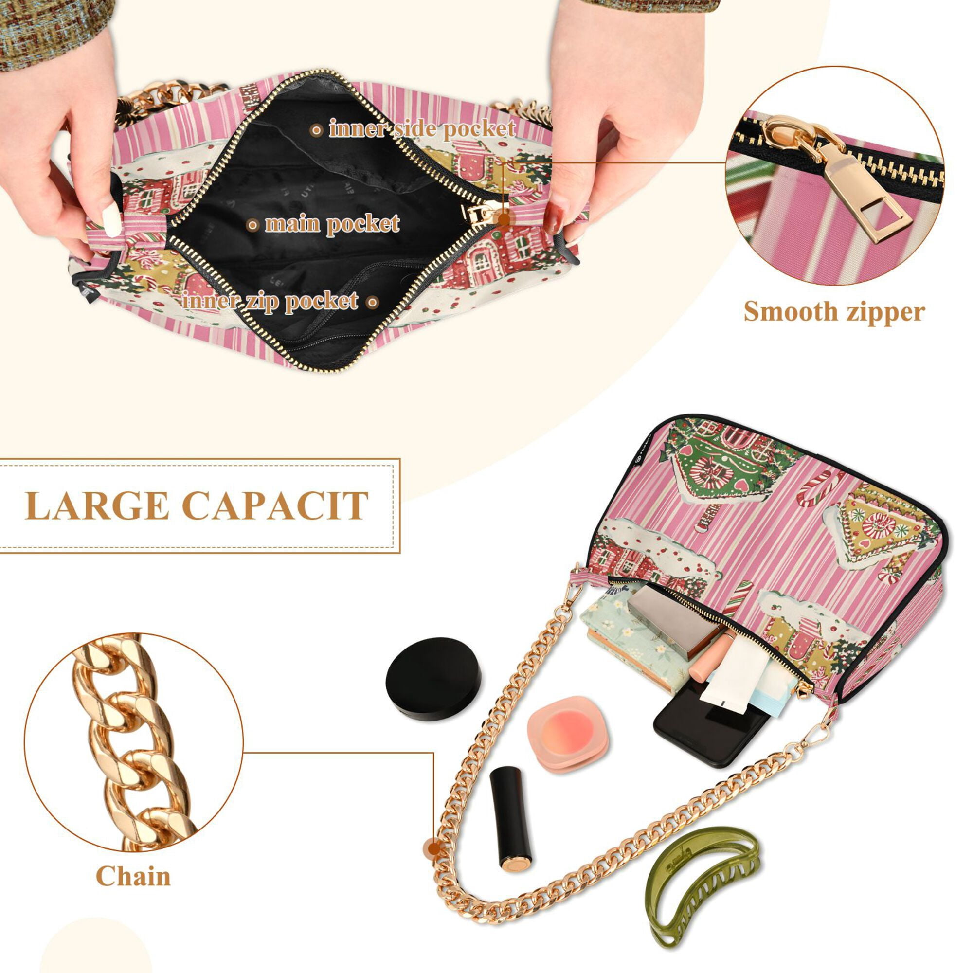 FORMRS Womens Shoulder Bag with Chain Strap Clutch Purse Cute Tote Handbag, Pink Christmas House