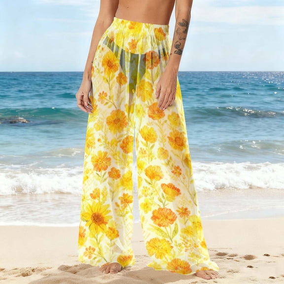 Gamivast Swim Cover up Pants for Women Mesh Graphic Wide Leg Beach Pant Flowy Boho Elastic Waist Vacation Swimwear Breathable Summer Festival Outfits
