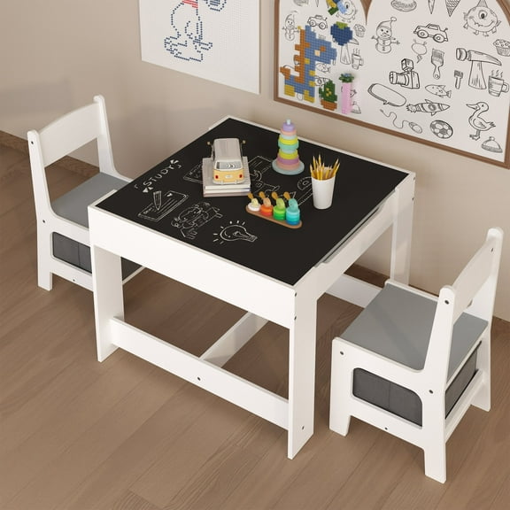 Yoneston 3 in 1 Kids Table and Chair Set with Storage Drawer &Blackboard,Wooden Activity Table for Toddler Baby Playing,Painting,Reading,Meal,White and Gray