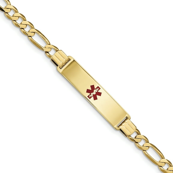 14K Medical Red Enamel Flat Figaro Link ID Bracelet (Weight: 13.26 Grams, Length: 7 Inches)