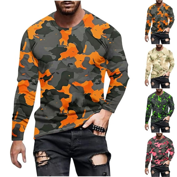 ZRGHAOYLQ Long Sleeve Camo Crewneck Tee Shirt for Men Big and Tall Plus Size Shirts Vintage Camouflage Print Casual Shirt Tops