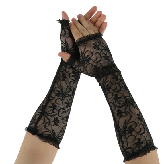 Unique Bargains 1 Pair Sunblock Fingerless Gloves Daffodils Long Sun Block Driving Gloves for Women Black