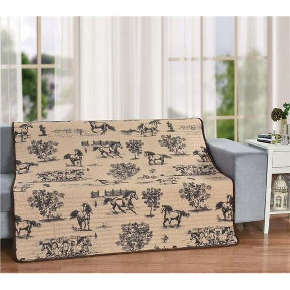 De Leon Collections 63871 Ranchland Horses Tan Rustic Farmhouse 50 x 60 Decorative Plush Microfiber Quilt Throw Blanket