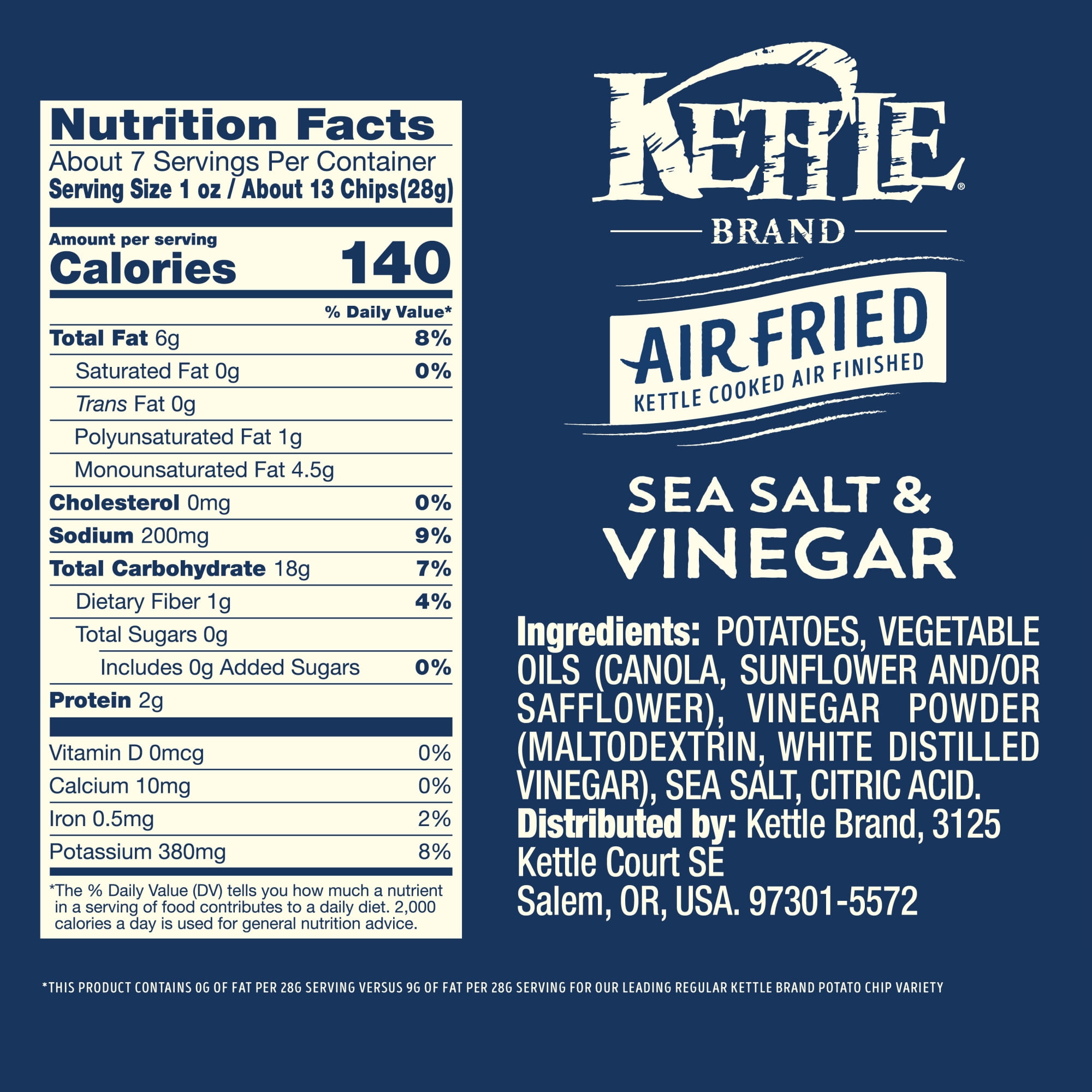 (3 pack) Kettle Brand Potato Chips, Air Fried Sea Salt & Vinegar Kettle Chips, 6.5 oz Bag