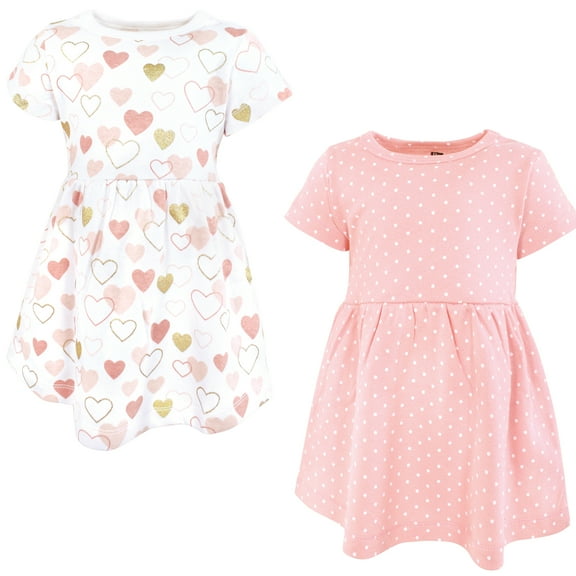 Luvable Friends Hudson Baby Dresses 2pk, Pink Gold Heart Pattern, 0-3M