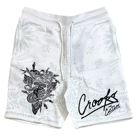 Crooks & Castles Men's Sweatshorts Bandito Medusa Paisley Fleece Shorts (Small, White)