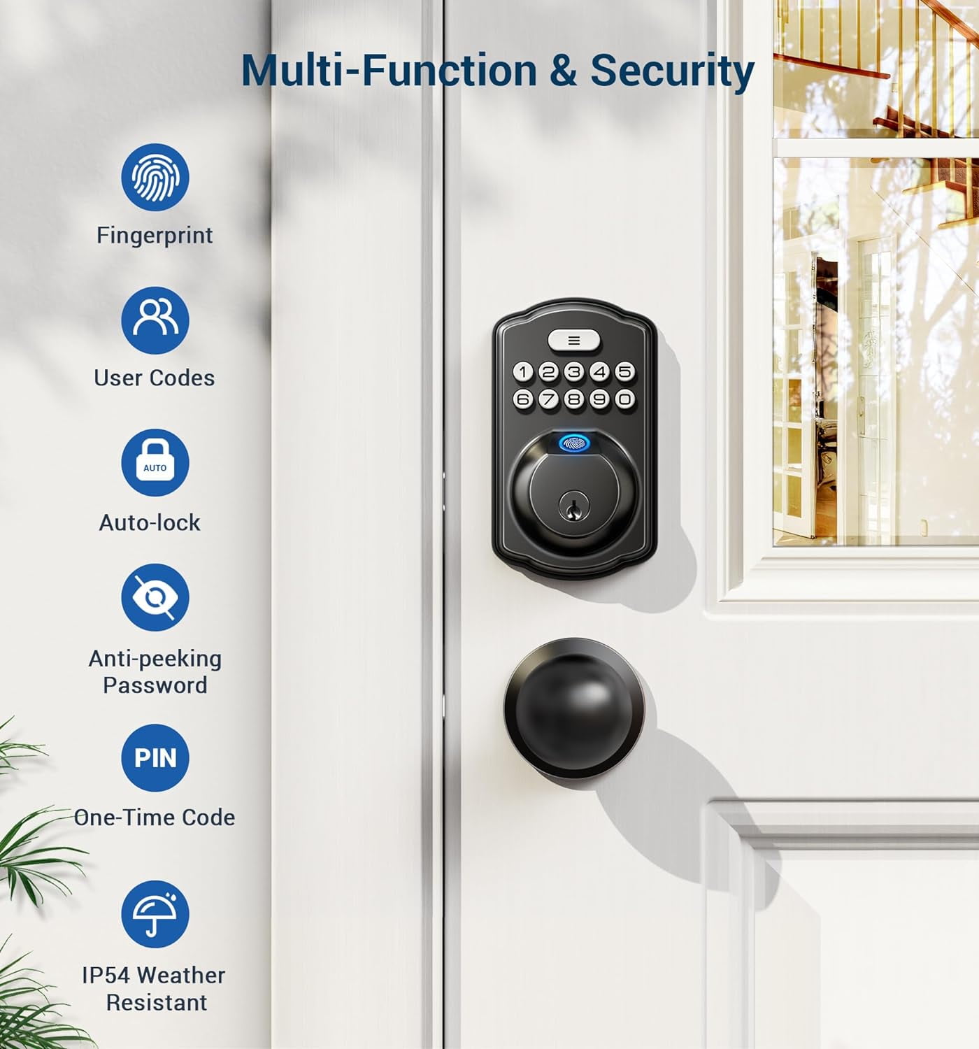 Veise Fingerprint Door Lock with 2 Knobs, Keyless Entry Door Lock with Knob, Electronic Keypad Deadbolt, Matte Black