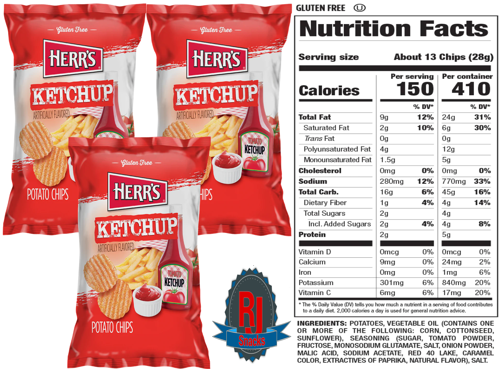 Herr`s Ketchup Potato Chips 1 oz Pack of 24 (Curated by RJ Snacks)