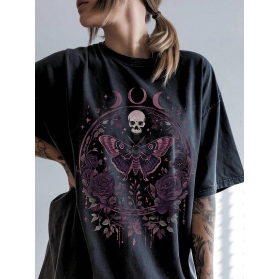Wo Crewneck Gothic Moth Skull Graphic Vintage Grunge Y2k Cotton Men's Women's T-Shirt