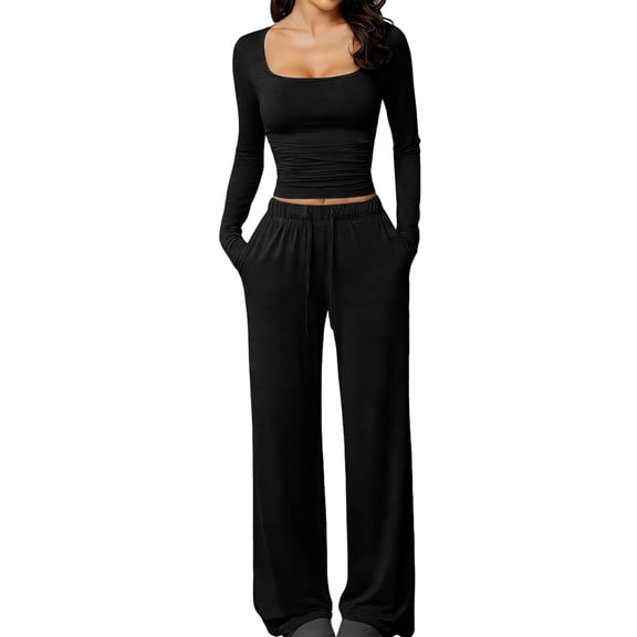 BODOAO Women's 2 Piece Lounge Set Long Sleeve Square Neck Ruched Front Top and High Waist Wide Leg Long Pants Matching Tracksuit Casual Soft Pajama Loungewear Outfits Black L