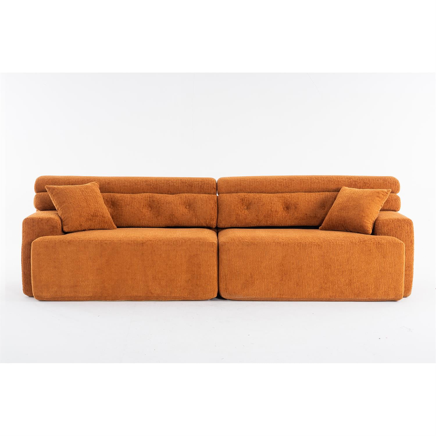 Demi Bonn 103" 4-Seater Compression Sofa Couch with Wood Grain Chenille Fabric, Full Sponge Cushion and 2 Cozy Pillows for Living Room, Orange