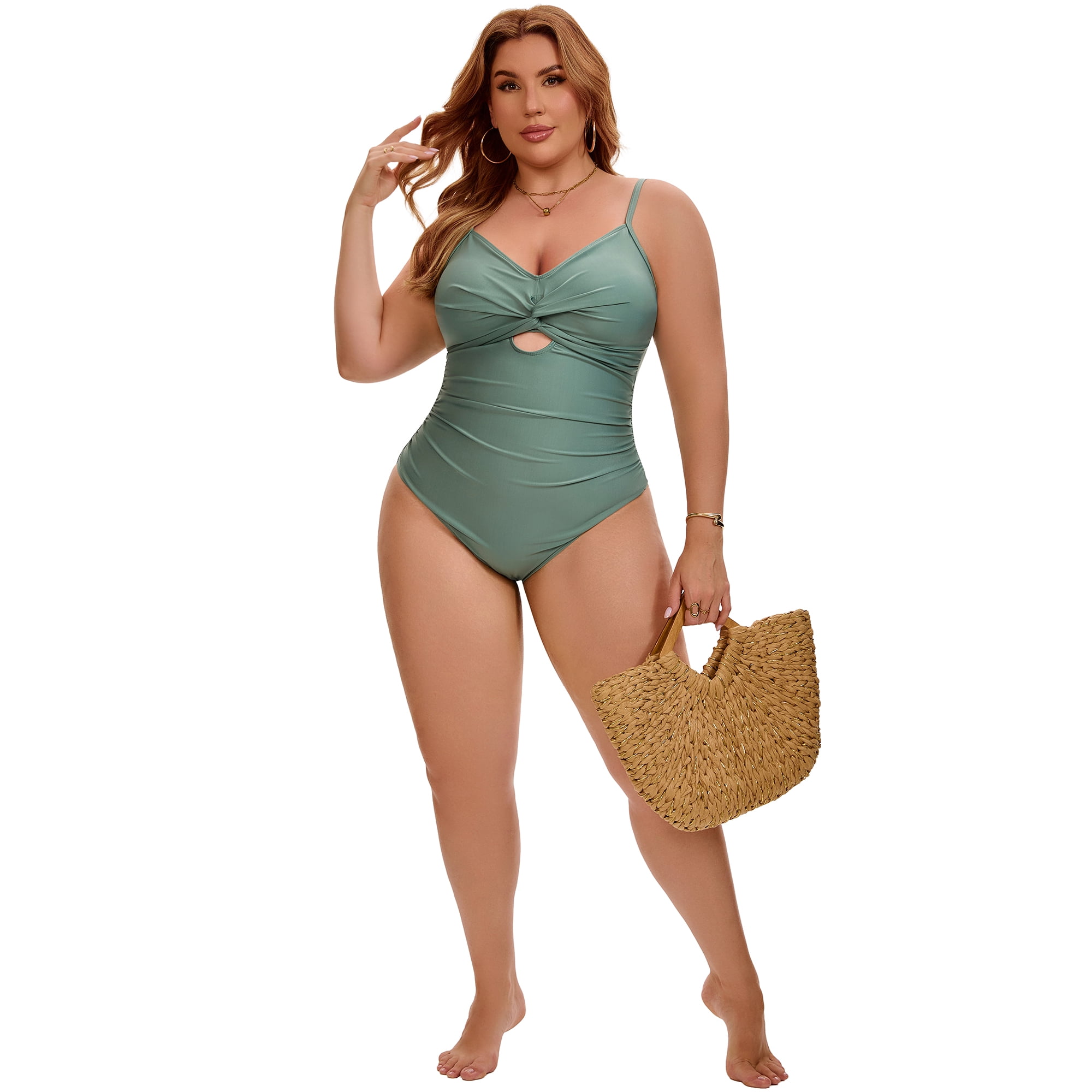 DARING DIVA Women's Plus 1 Piece Tummy Control Cutout High Swimsuit 4X Army Green