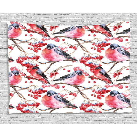 Nature Tapestry Bullfinches Birds On Branches Blueberries