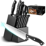 HAUSHOF 14 PCS Kitchen Knife Set With Block Wooden, Razor-Sharp Stainless Steel, Forged Triple Rivet, Chefs, Santoku, Slicing, Utility & 6 Steak Knives, Black
