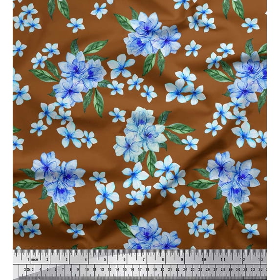 Soimoi Brown Cotton Duck Fabric Leaves & Periwinkle Floral Printed Fabric 1 Yard 42 Inch Wide