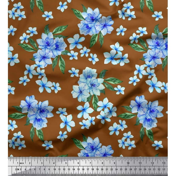 Soimoi Brown Cotton Duck Fabric Leaves & Periwinkle Floral Printed Fabric 1 Yard 42 Inch Wide