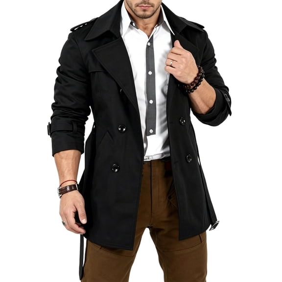 LYSMORA 2026 Men's Lapel Double Breasted Short Trench Coat, Strap Cuff Belted Loose Fit Windproof Business Casual Outerwear