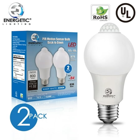 

ENERGETIC Outdoor Motion Sensor LED Light Bulb 8.5W (60W Equivalent) Motion Activated Dusk to Dawn Security 3000K E26 2 Pack