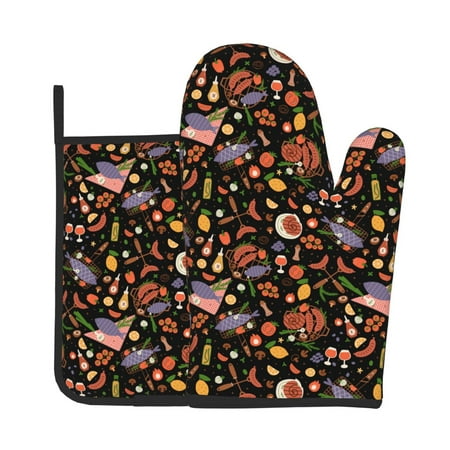 

Zeuib BBQ Party Print Oven Mitt & Pot Holder Set 2-Pack Kitchen Gloves and Hot Pads for Cooking BBQ Grilling Baking