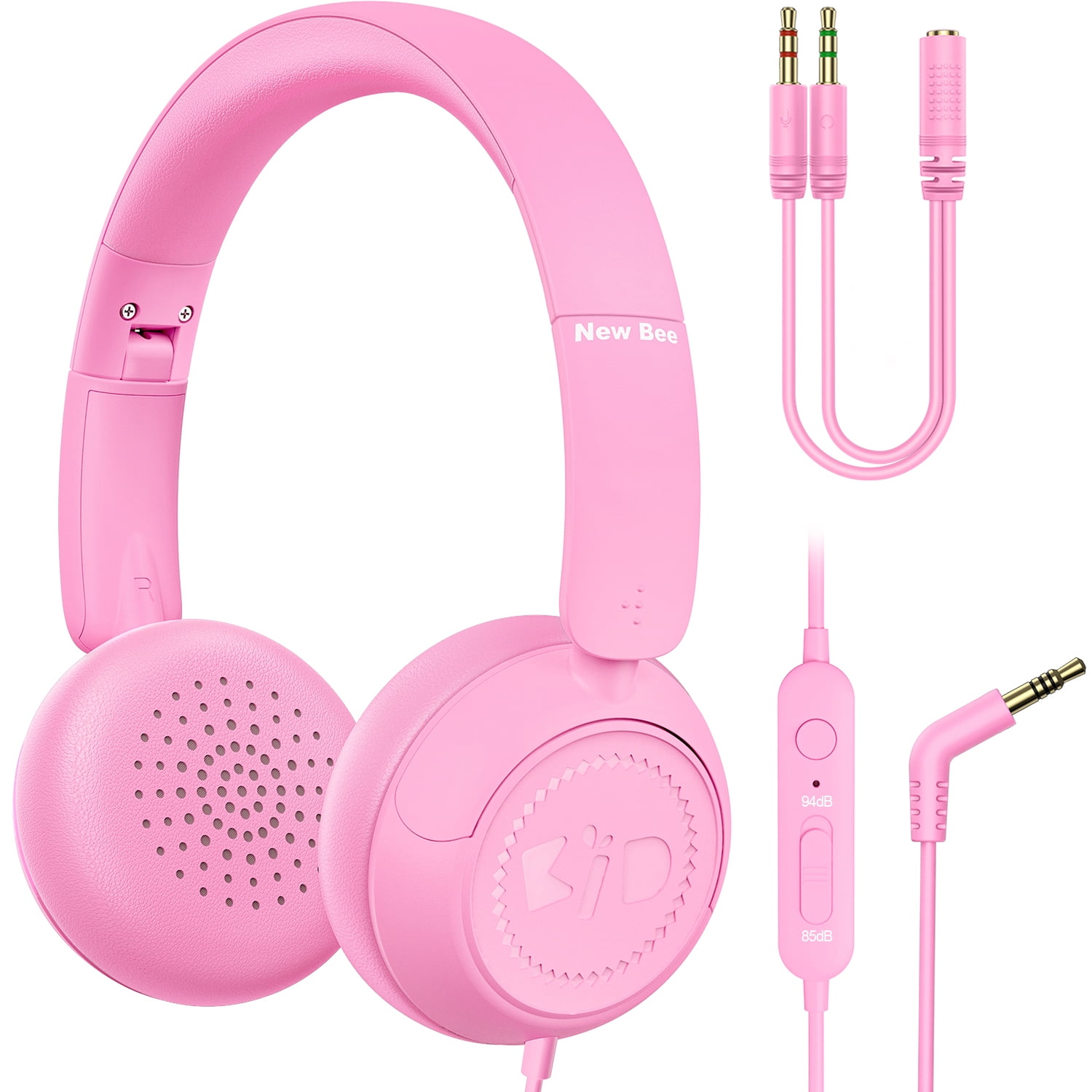 New bee Kids Headphones with Microphone,HD Stereo,85dB Volume Limit,Foldable,Cartoon Design,Adjustable Headband,Eco-Friendly Protein Leather & ABS,3.5mm Jack+ PC Splitter for Girls/PC/Mac/Tablet,Pink
