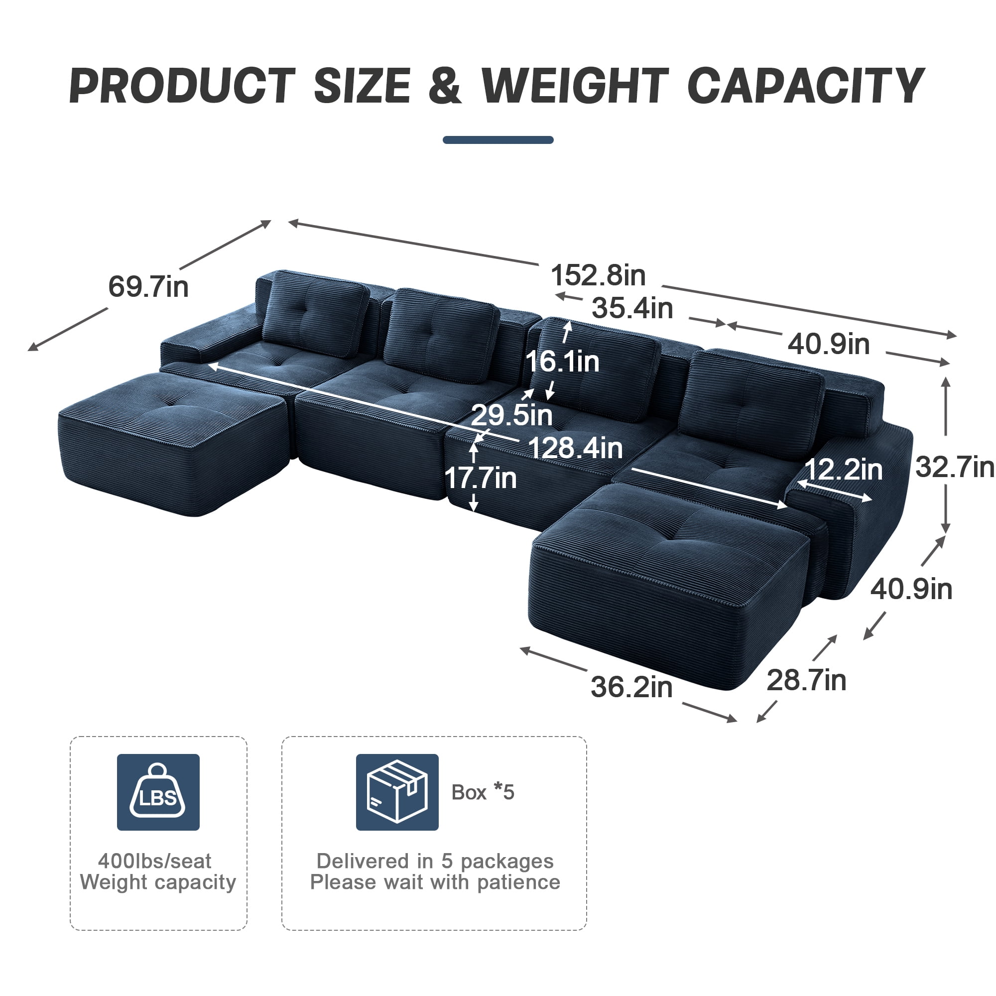 MOONMISS 153" Modern Corduroy Boneless Love Seat Couches with 2 Ottoman, 4 Seater Large Sectional Couches for Living Room, No Assembly,Blue