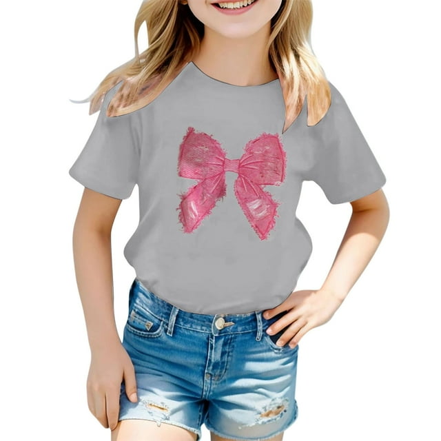 NINGMENG Hauts et T-Shirts pour Filles, Imprimé Lettre, Col Rond, Manches Courtes, Décontracté, Gris, 4-5 Ans