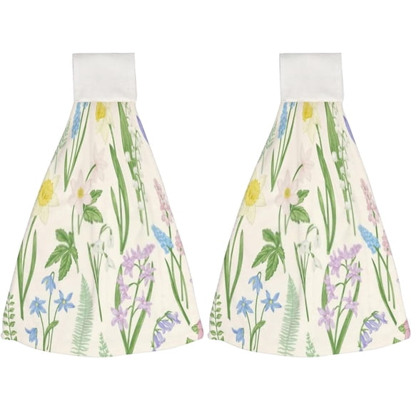 Hanging Towels 2 Pcs, Dish Towels Vintage Floral Spring Flowers and Grass Absorbent Hand Towels with Hanging Loop Washcloth for Bathroom Kitchen