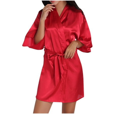 VONCOS Women s Satin Robe Sleepwear- Sling Bathrobe Valentines Lingerie for Women Summer Sexy Short Robes Hot Pink Size 2XL