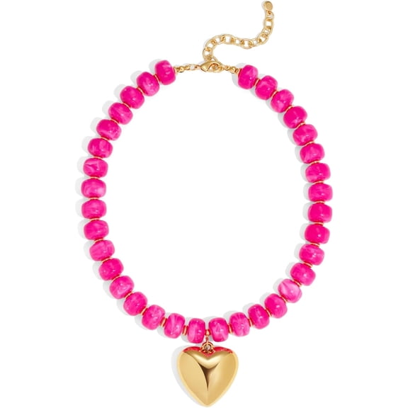 SUETOR Hot Pink Beaded Heart Necklace for Women - Adjustable Boho Puffy Heart Pendant Choker, Statement Jewelry Gift