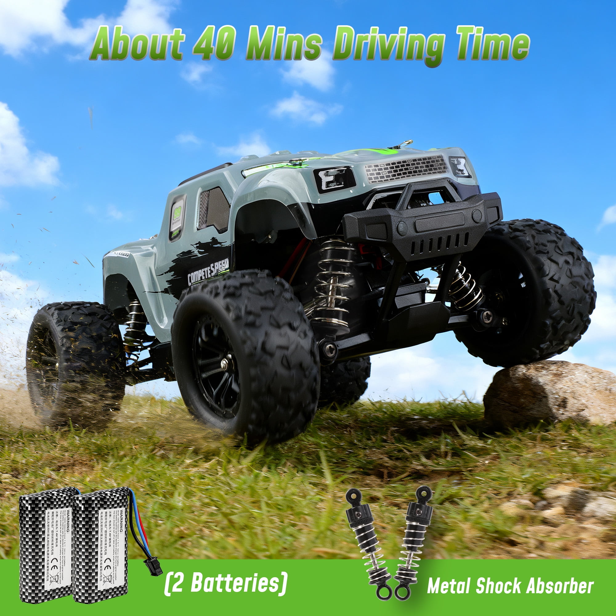 Tcovle RC Cars for Adults, 1:18 Fast Remote Control Car, 36KM/H High-Speed RC Truck 4WD w/ Gyro Stabilization, Monster Truck Toy Gift for Kids Boys, 2 Batteries & Spare Drift Tires