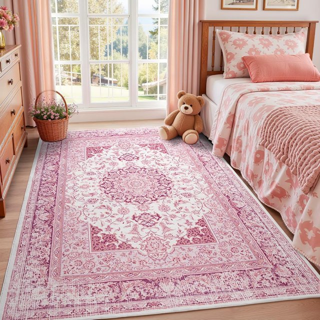 Macgace 5x7 Washable Rugs for Living Room, Faux Wool Vintage Rug for Bedroom Dining Room, Low Pile Soft Boho Floor Covering Carpet Retro Distressed Medallion Mat Traditional Interiors, Pink