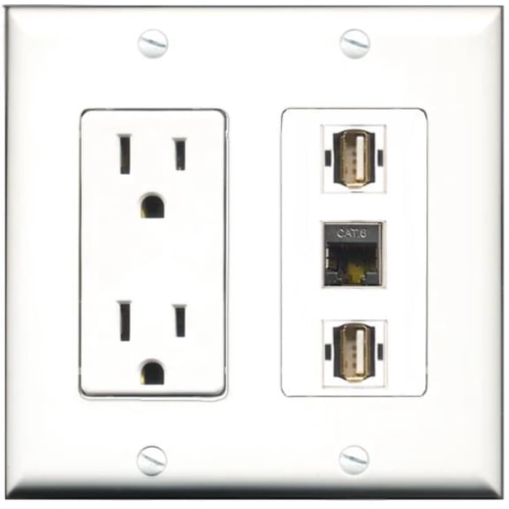 RiteAV - 15 Amp Power Outlet 2 Port USB A-A 1 Port Shielded Cat6 Ethernet Ethernet Decorative Wall Plate