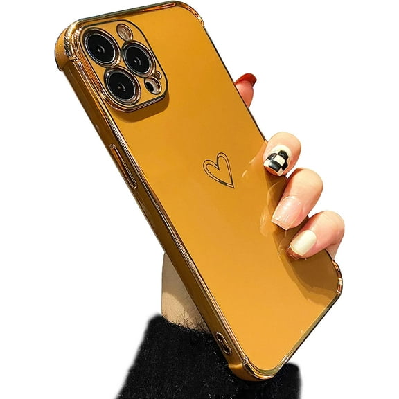 Compatible with iPhone 13 Pro Max Case, Golden Plating Cute Love Heart Case, Silicone Protective Bumper Case Slim Shockproof Phone Case for iPhone 13 Pro Max 6.7 Inch for Girls Women, Black