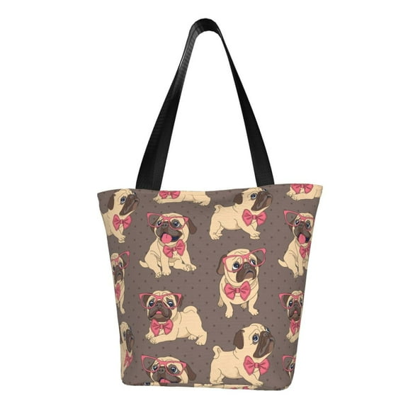 Kuqiui Cut Pug Print Canvas Tote Bag for Women Cute Clothing Book Aesthetic Casual Reusable Tote Shoulder Bags