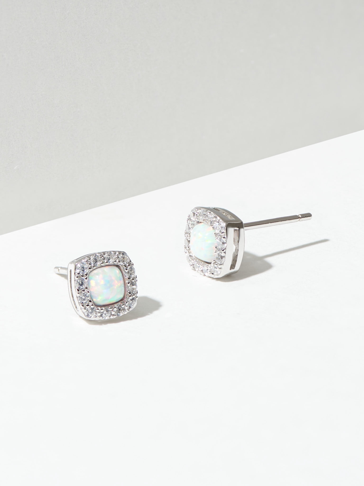 Forever Facets Women's Platinum over Sterling Silver Created Opal and CZ Stud Earrings