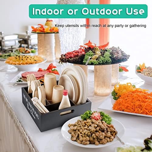 Paper Plate Dispenser for Countertop - Wooden Utensil Holder Organizer for Party - Silverware Caddy for Plate, Cup, Fork, Spoon - Cutlery Holder with Handles for Kitchen Camping Buffet